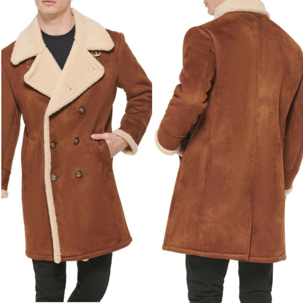 NWT Men"s Guess Double Breasted Faux Fur Shearling Coat - Picture 2 of 15